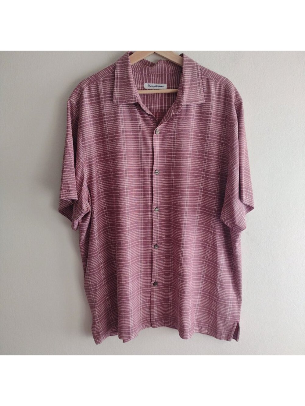 Tommy Bahama Mens Silk Camp Shirt XL Marooon Plaid Relaxed Fit Button Front